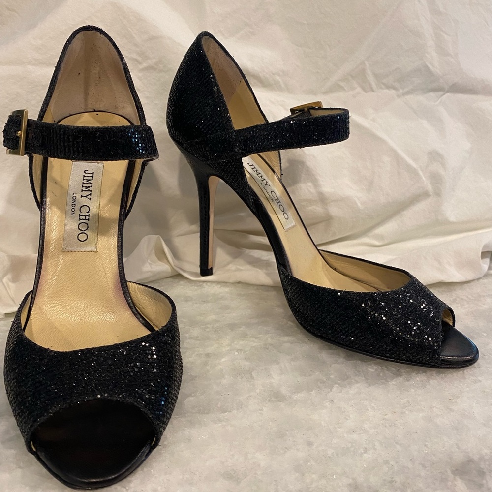 Jimmy Choo black glitter 381/2 heel sandals